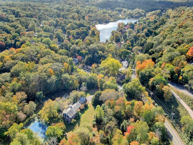 bird's eye view featuring a water view and a view of trees