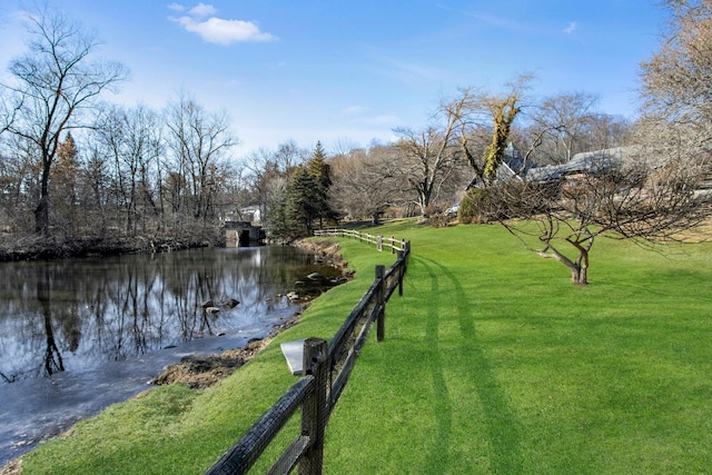 view of property's community with a water view, fence, and a yard