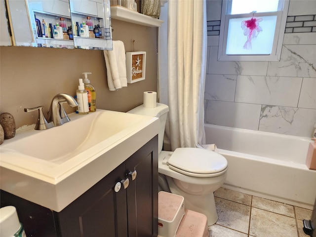 bathroom with toilet, tile patterned floors, shower / bath combo, and vanity