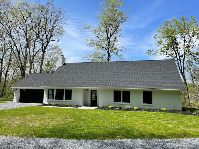 16 Shunpike, Clinton Corners, NY 12514 - view of front of home featuring an attached garage, a shingled roof, driveway, a front lawn, and a chimney