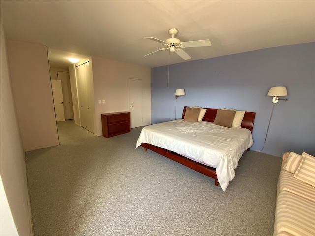 bedroom with carpet floors and a ceiling fan