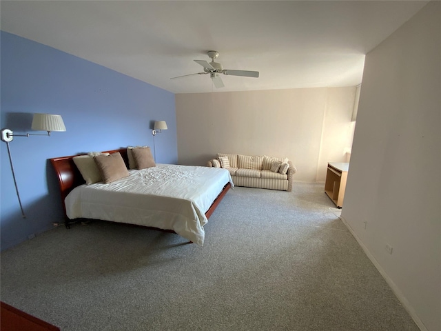 bedroom with baseboards, a ceiling fan, and light colored carpet