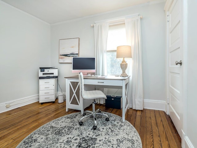 office area featuring ornamental molding, baseboards, and wood finished floors