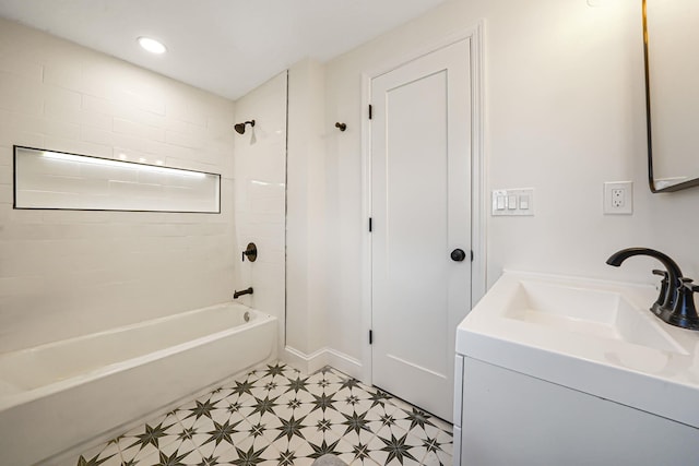 bathroom featuring recessed lighting, tub / shower combination, vanity, and tile patterned floors