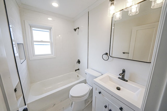 full bath featuring  shower combination, crown molding, vanity, and toilet