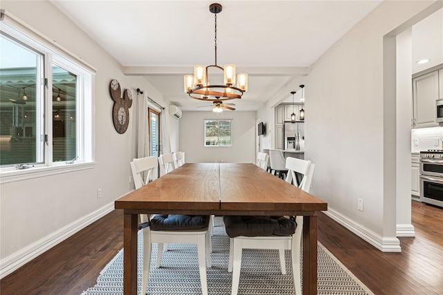 dining area with baseboards, dark wood finished floors, and a wall mounted AC