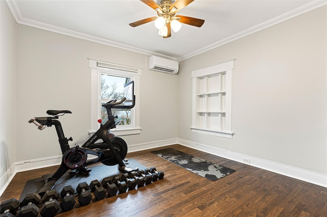 workout room featuring ornamental molding, wood finished floors, and a wall mounted AC