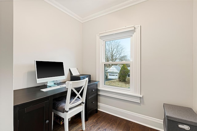 office space with dark wood finished floors, crown molding, and baseboards