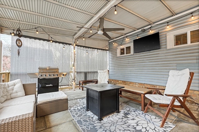 view of patio with an outdoor living space, a grill, and ceiling fan