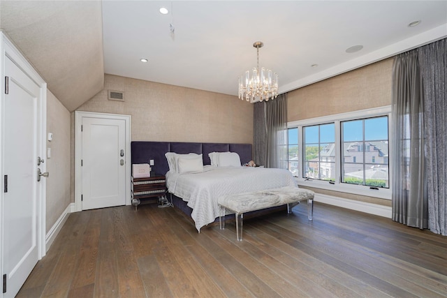 86 Gaylord Dr S, Brooklyn, NY 11234 - bedroom with a chandelier, recessed lighting, visible vents, baseboards, and dark wood-style floors