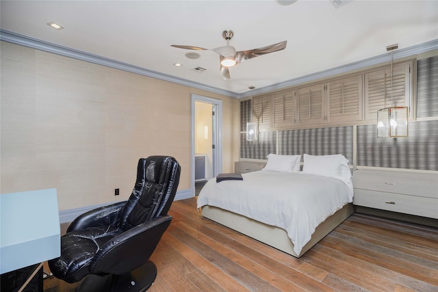 86 Gaylord Dr S, Brooklyn, NY 11234 - bedroom with a ceiling fan, dark wood-style flooring, visible vents, and crown molding