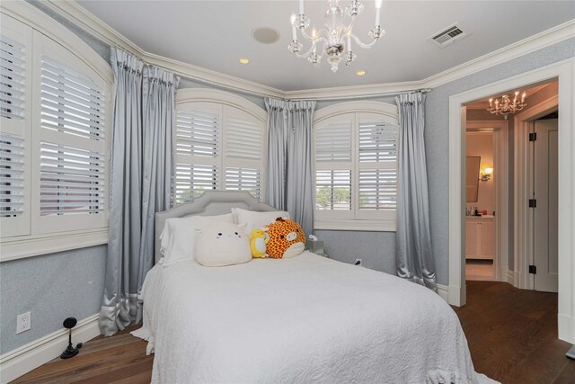 86 Gaylord Dr S, Brooklyn, NY 11234 - bedroom with visible vents, baseboards, dark wood-style flooring, an inviting chandelier, and crown molding