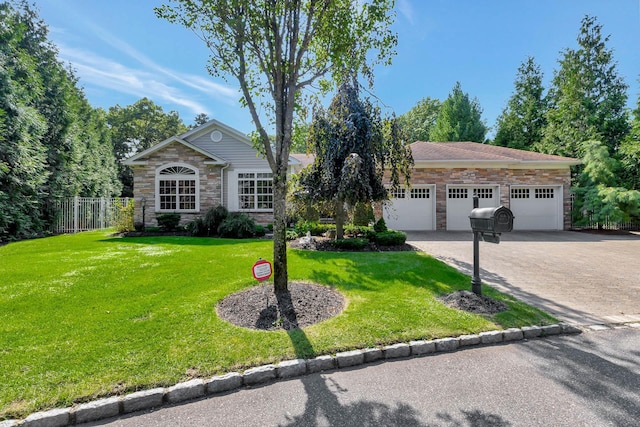 single story home featuring stone siding, decorative driveway, a front yard, and fence