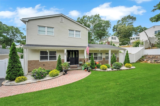 view of front of home featuring stone siding, a front lawn, and fence