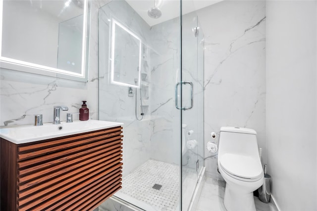 full bathroom with toilet, vanity, marble finish floor, a marble finish shower, and decorative backsplash