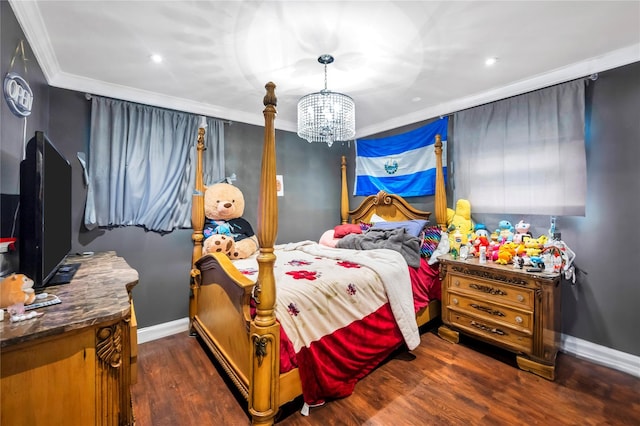 bedroom with dark wood-style floors, baseboards, a notable chandelier, and crown molding