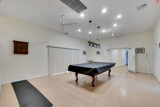 recreation room with ceiling fan, pool table, and visible vents