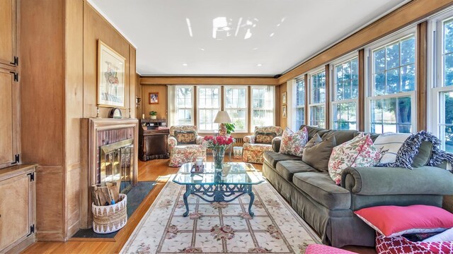 living area with crown molding, a fireplace, and wood finished floors