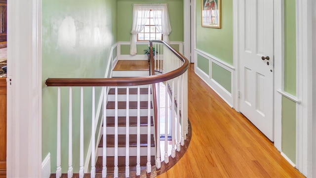 stairway featuring a wainscoted wall, a decorative wall, and wood finished floors