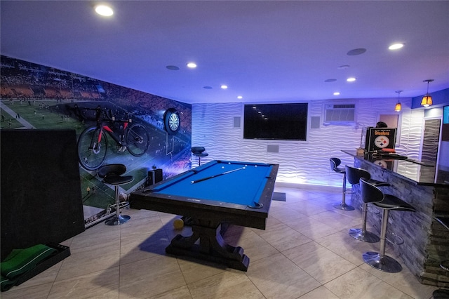 rec room with recessed lighting, pool table, and tile patterned floors