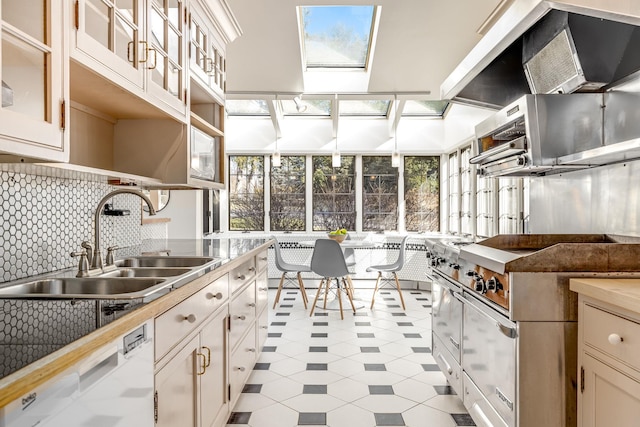 kitchen featuring decorative backsplash, a skylight, white dishwasher, high end range, and a sink