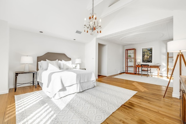 bedroom with visible vents, baseboards, lofted ceiling with beams, a notable chandelier, and light wood-type flooring