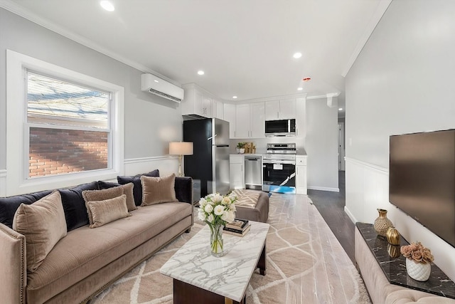 living area with light wood-style floors, ornamental molding, an AC wall unit, and recessed lighting