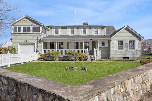 view of front of home with a chimney, a porch, an attached garage, fence, and a front lawn