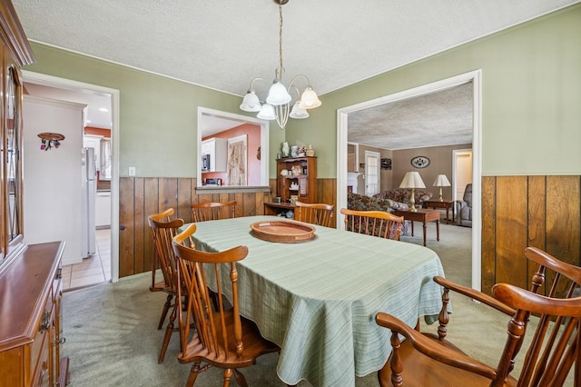 dining space featuring carpet floors, wainscoting, a textured ceiling, and wooden walls