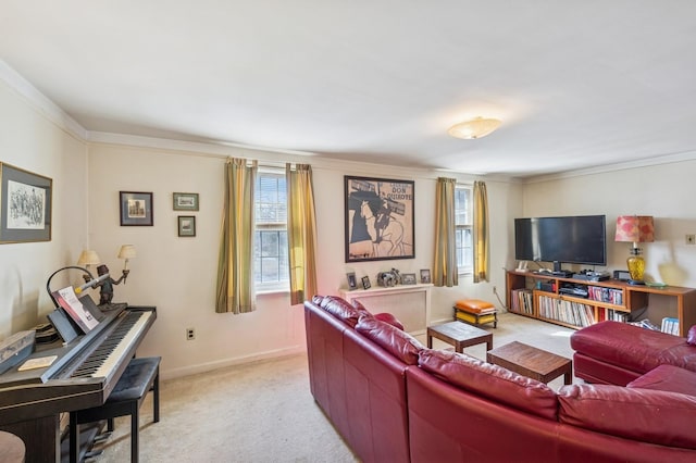 living room with ornamental molding, light colored carpet, and baseboards