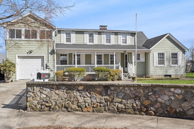 view of front facade with driveway, a garage, a porch, and roof with shingles