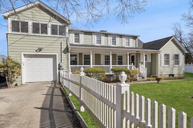 view of front facade featuring driveway, an attached garage, fence, and a porch