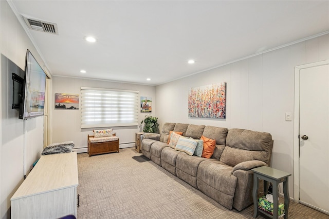 living room with a baseboard heating unit, carpet floors, visible vents, and crown molding