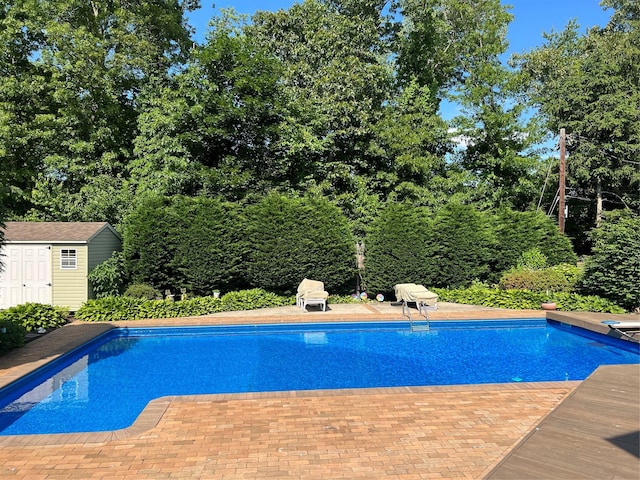 pool with a storage shed, a patio, and an outdoor structure