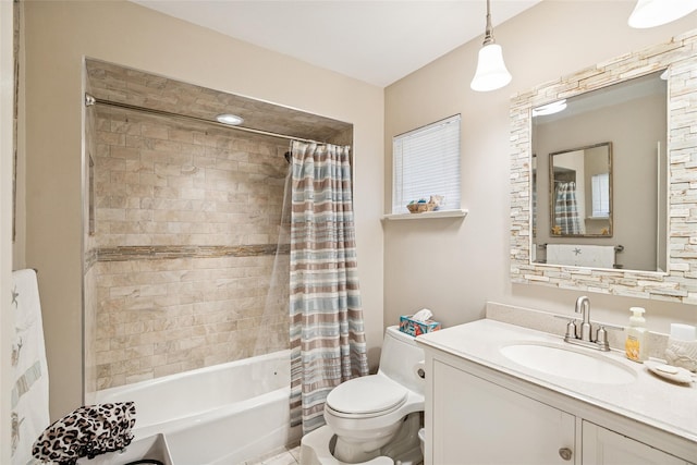 bathroom featuring vanity, toilet, and shower / tub combo with curtain