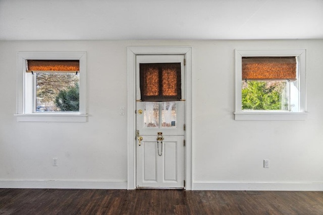 doorway to outside with baseboards and dark wood-style flooring