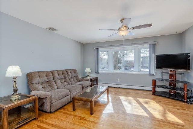 living area with light wood-type flooring, ceiling fan, visible vents, and baseboard heating