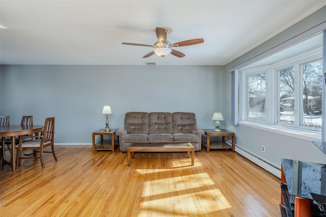 living area with light wood finished floors, a baseboard radiator, visible vents, a ceiling fan, and baseboards