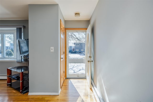 entryway with a healthy amount of sunlight, light wood-style floors, and baseboard heating