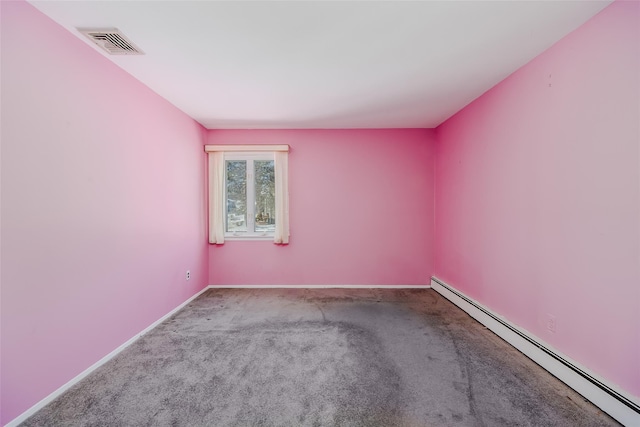 empty room featuring a baseboard radiator, visible vents, light carpet, and baseboards