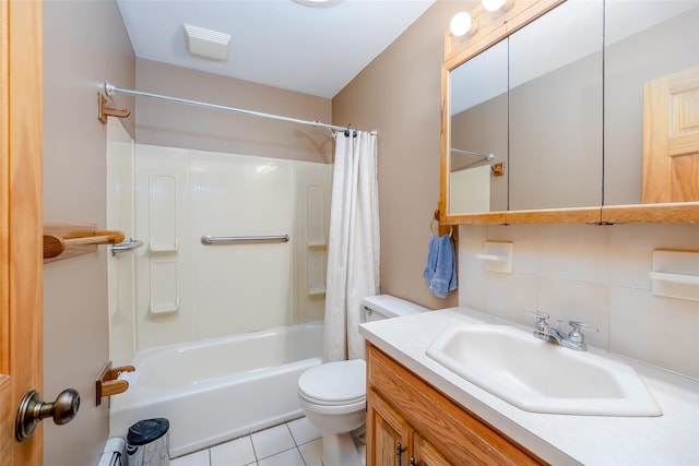 bathroom featuring tile patterned flooring, toilet, vanity, decorative backsplash, and shower / bath combination with curtain