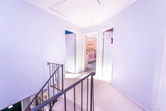 hall featuring light colored carpet, an upstairs landing, baseboards, ornamental molding, and attic access