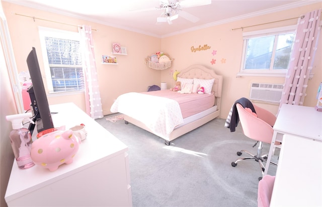 carpeted bedroom with ornamental molding, a wall unit AC, and ceiling fan