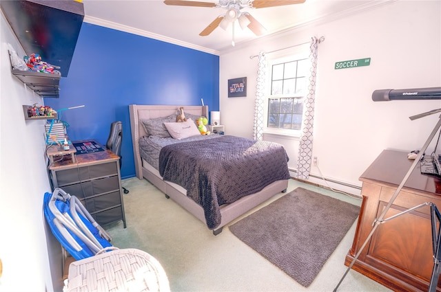 carpeted bedroom with ceiling fan, baseboard heating, and crown molding