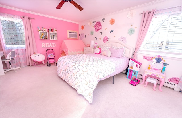 bedroom with a baseboard radiator, a wall unit AC, carpet floors, a ceiling fan, and ornamental molding