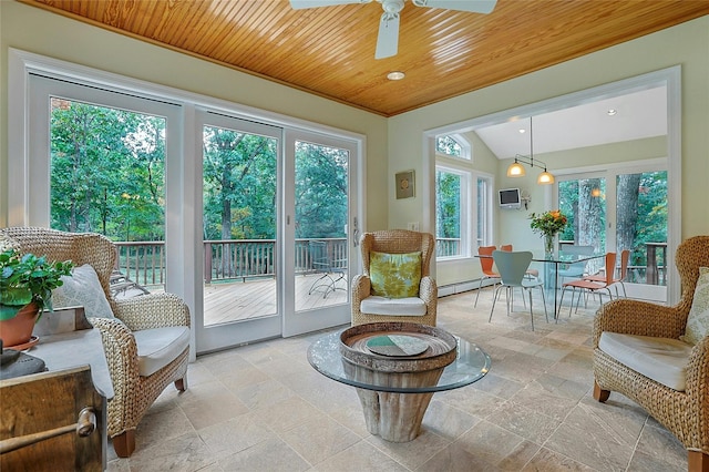 sunroom with lofted ceiling, wood ceiling, a baseboard heating unit, and ceiling fan