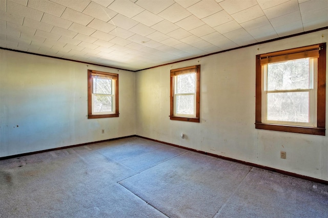 spare room featuring plenty of natural light, baseboards, carpet, and ornamental molding