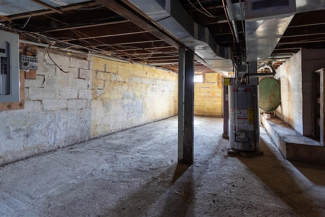 basement with electric panel and water heater