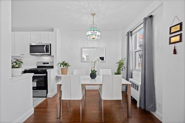 dining room featuring dark wood-style floors, radiator, and baseboards