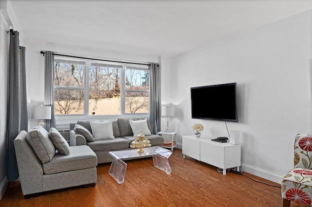 living area featuring baseboards and wood finished floors